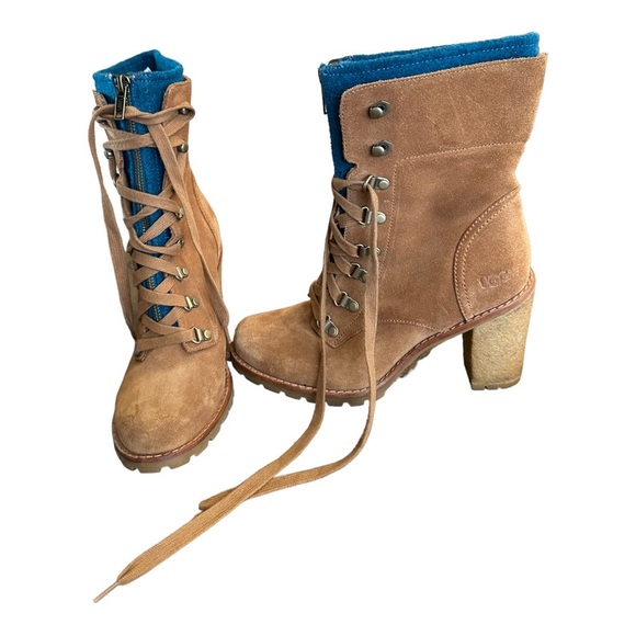 UGG suede camel brown lace up zipper heeled winter boots - Picture 13 of 14